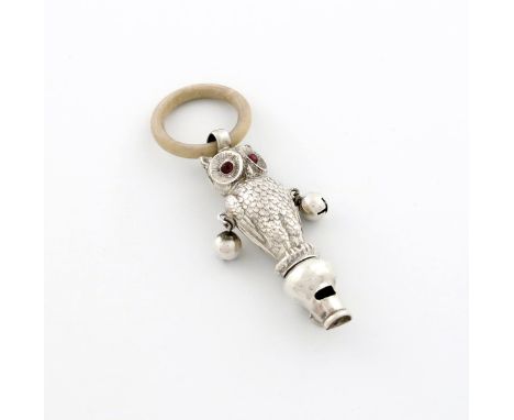 A novelty silver owl baby's rattle and whistle, by Crisford and Norris, Birmingham 1911, modelled as a standing owl, textured