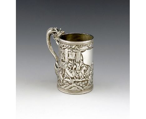 A 19th century Chinese Export silver mug, by Leeching, Canton circa 1860, tapering circular form, with figural scenes within 