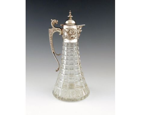 A modern silver mounted glass claret jug, by Roberts & Belk Ltd, Sheffield 1974, tapering circular form, with hob-nail cut bo