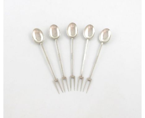 A rare set of five Charles II silver sucket forks/spoons, attributed to John Smith, London circa 1680, the oval bowls with ri