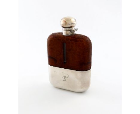 λA large silver-mounted crocodile skin hip flask, by James Dixon and Sons, Sheffield 1930, rounded rectangular form, bayonet 