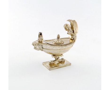 A Victorian silver classical oil lamp /inkwell, by Charles and George Fox, London 1841, the lamp of oval form, with a winged 