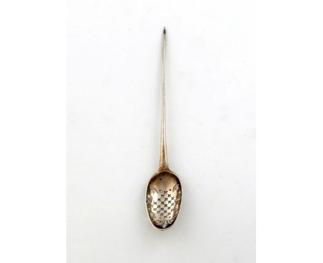 An 18th century Channel Islands silver mote spoon, maker's mark PA, probably for Pierre Amiraux, Jersey circa 1740, the pierc