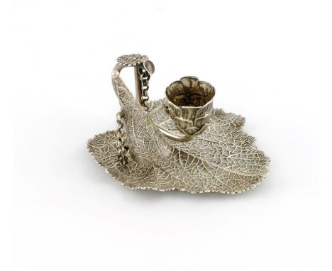 A George IV miniature silver naturalistic chamber stick, by Joseph Willmore, Birmingham 1829, leaf form, wirework handle, wit