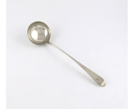A George III Scottish silver Celtic Point pattern soup ladle, marks worn, Edinburgh 1782, circular bowl, the terminal with sc