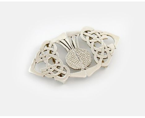 A modern Scottish silver nurse's buckle, maker's mark SOG, Edinburgh 1988, pierced and engraved with a thistle and Celtic str