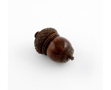 λA 19th century carved treen nutmeg grater, modelled as an acorn, screw-off cover, the interior grater with an ivory ring, le