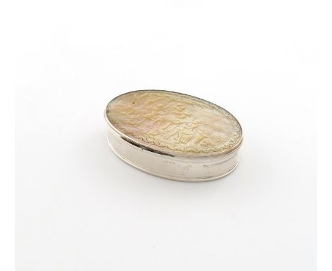 An 18th century silver-mounted mother-of-pearl tobacco box, apparently unmarked except for an incuse 'H', circa 1750, oval fo