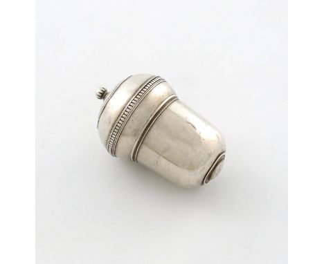 A mid-18th century silver nutmeg grater, unmarked, circa 1760, acorn form, screw-off cover and base, fluted finial and border