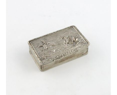 A George IV silver snuff box, by Charles Rawlings, London 1827,  rectangular form, the hinged cover with a raised hunting sce