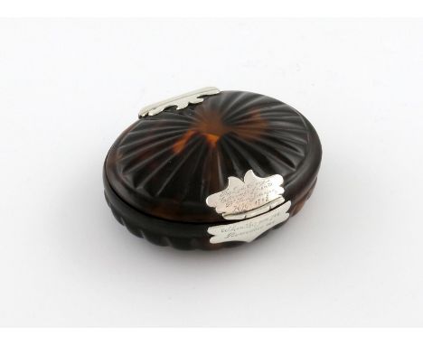 λDr. Johnson interest, a George II silver-mounted tortoiseshell tobacco box, circa 1742, oval form, fluted decoration, plain 