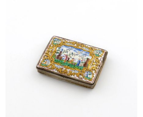 An 18th century silver-mounted enamel snuff box, unmarked, rectangular form, the hinged cover set with an enamel scene of ori