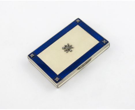An Austrian silver and enamel cigarette case, by R.S, Vienna, rectangular form, white enamel body, the cover with a dark blue