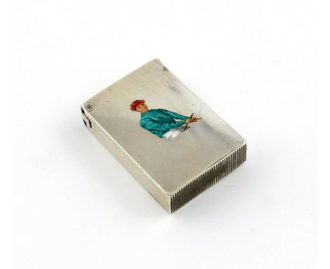 A late-Victorian silver and enamel vesta case, by Wright and Davies, London 1896, rectangular form, the front enamelled with 