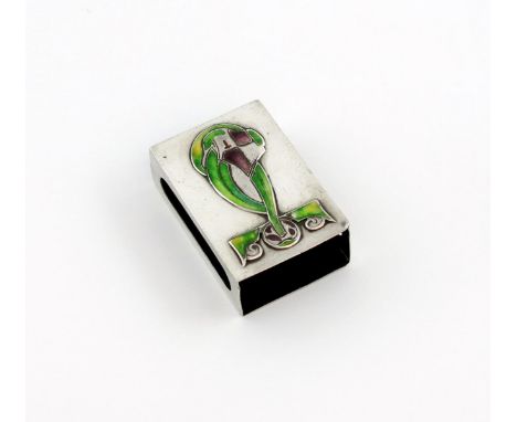 Designed by Archibald Knox for Liberty and Co, and Edwardian silver and enamel Art Nouveau match box cover, rectangular form,
