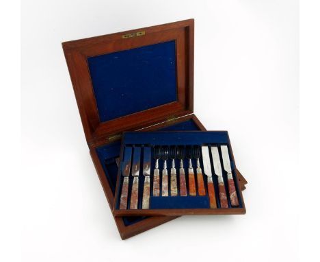 A set of eleven Victorian silver agate handled fruit knives and forks,  by Henry Wilkinson and Co, Sheffield 1868, tapering f