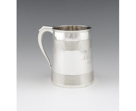 A 19th century Chinese Export silver mug, with pseudo marks, WE, WF, WC, circa 1830, tapering circular form, scroll handle, r