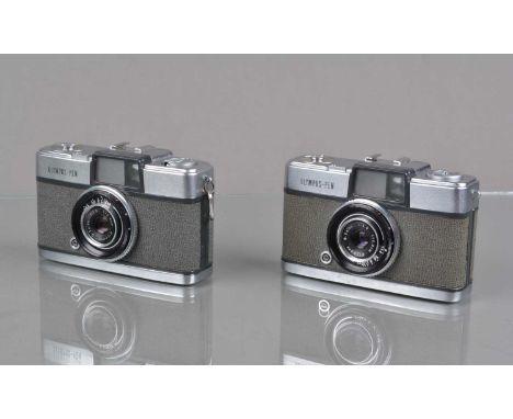 Two Olympus PEN Half Frame Cameras, shutters working, bodies G-VG, with D Zuiko 2.8cm f/3.5 lenses, elements G, in soft cases