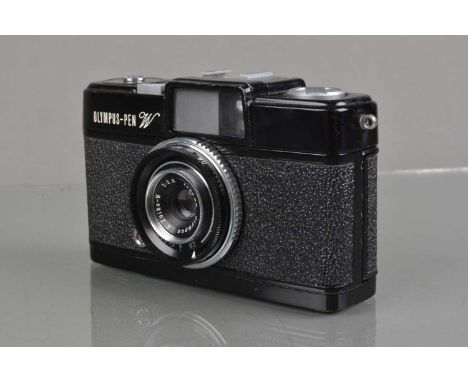 An Olympus PEN W Half Frame Camera, shutter working, body G, light wear, with E Zuiko W 25mm f/2.8 lens, elements G-VG, with 