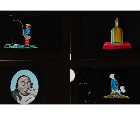 3¼in sq Magic Lantern Slides,   mahogany-mounted comic slipping slides, most hand-coloured, some chromolitho - double (9), si