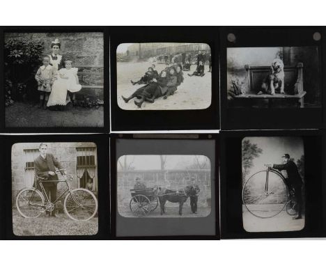 3¼in sq Magic Lantern Slides,  early 20th Century - including good quality Glasgow wealthy amateur - family portraits and gro