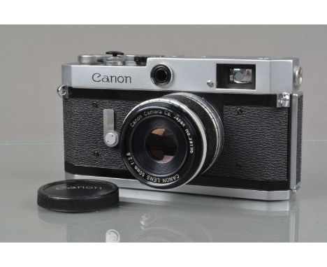 A Canon P Rangefinder Camera, chrome, serial no 778314, black, orange, blue film speed dial, shutter working, rangefinder fun