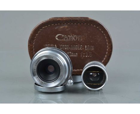 A Canon 28mm f/3.5 Ultra Wide Angle Serenar Lens, chrome, serial no 10095, barrel G, light wear,  elements G-VG, with front &