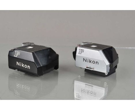 Two Nikon Photomic Finder, a Photomic TN, black, slight brassing to one top corner and a Photomic FTN, chrome, light brassing