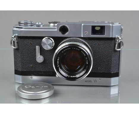 A Canon VT Rangefinder Camera, chrome, serial no 502368, shutter working, range finder functions, rapid wind smooth, self tim