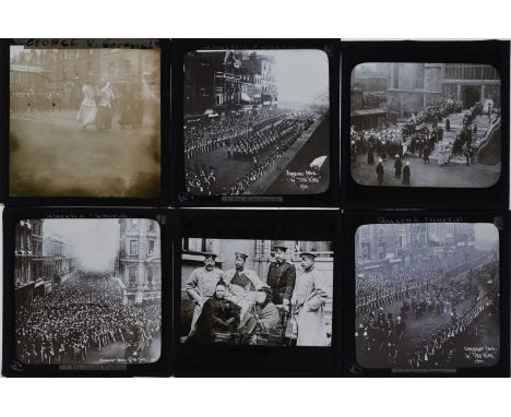 3¼in sq Magic Lantern Slides,  various - photographic Queen Victoria's funeral (14), amateur George V Coronation, windy day (