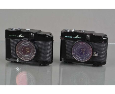 Two Fujica Mini Half Frame Cameras, shutters working, light cels responsive, bodies F-G, some scuffs & wear, with wrist chain