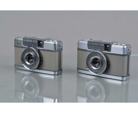 Two Olympus-PEN EE Half Frame Cameras, type 2, shutters working, one with responsive light cell/aperture, other erratic, bodi