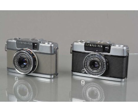 Two Olympus PEN Half Frame Cameras, a PEN EE-2, shutter working, lightcell/aperture responsive, body G, with D Zuiko 28mm f/3