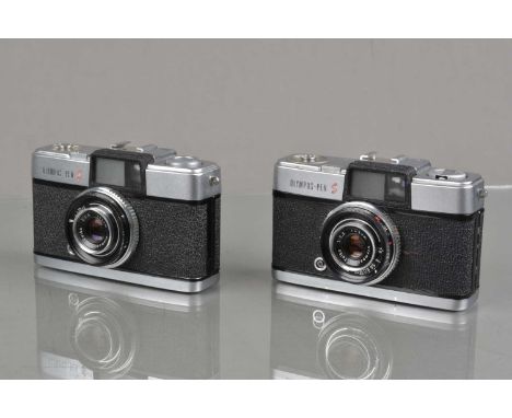 Two Olympus PEN-S Half Frame Cameras, one shutter working other erratic, bodies G, with D Zuiko 3cm f/2.8 lenses, elements G-