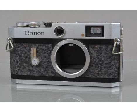 A Canon P Rangefinder Camera Body, chrome, serial no 776322, red star emblem by accessory shoe, black, orange film speed dial