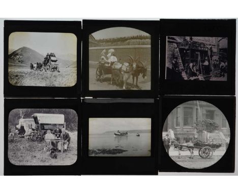 3¼in sq Magic Lantern Slides,  UK photographic and engravings - transport including goat cart, building a horse bus, circus c