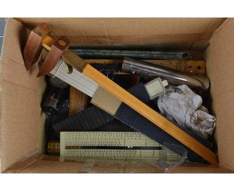 Rules and Measures, slide rules, shoe size measures (3), tachymeter, with light meters, Salter spring scale, Ever Ready torch