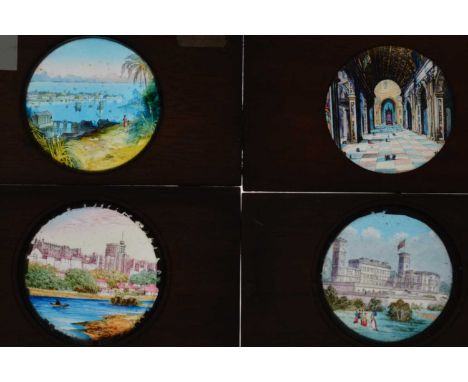 Magic Lantern Slides,  mahogany-mounted hand-coloured, hand-painted and chromolitho topographical slides including view of Si