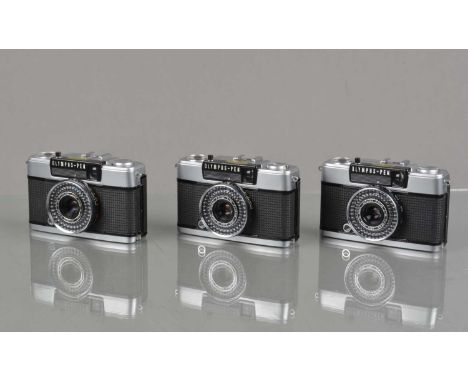 Three Olympus PEN EE-3 Half Fame Cameras, shutters working, light cells/apertures responsive, bodies G-VG, with D Zuiko 28mm 