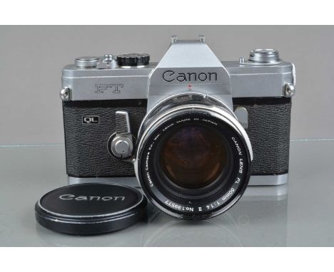 A Canon FT QL SLR Camera,  serial no 469381, shutter working, battery check OK, meter unresponsive, self timer working, body 