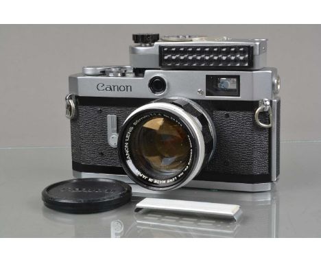 A Canon P Rangefinder Camera, chrome, serial no 736265, black, orange, blue film speed dial, shutter working, rangefinder fun