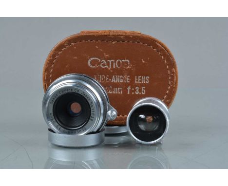 A Canon 28mm f/3.5 Ultra Wide Angle Serenar Lens, chrome, serial no 11832, barrel G-VG, light wear,  elements G, with front &