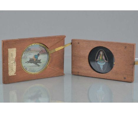 Mahogany-Mounted Lever-Action Magic Lantern Slides,  hand-coloured - boy riding pig bareback and girl skipping, G (2)