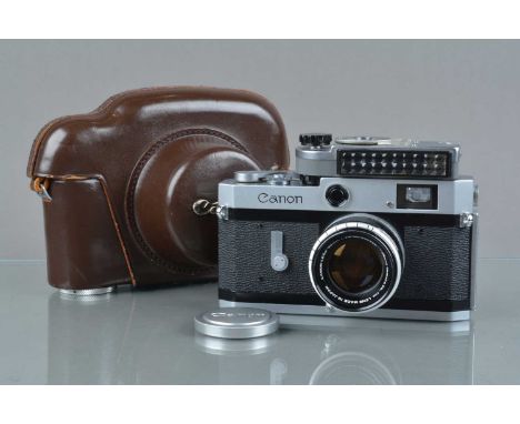 A Canon P Rangefinder Camera, chrome, serial no 786370, blue, orange, chrome film speed dial, shutter working, self timer wor