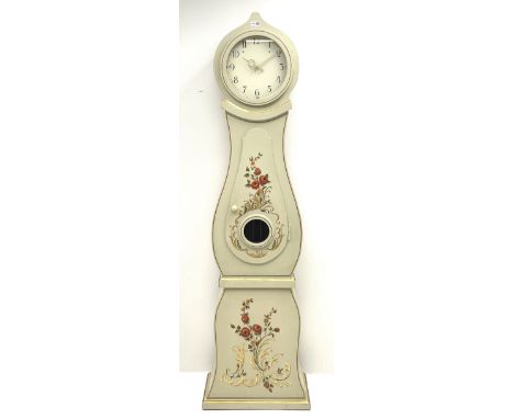 Swedish cream painted longcase clock, floral painted detail, brass weight driven movementDimensions: Height:&nbsp;191cm&nbsp;