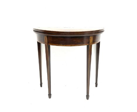 Early 19th century mahogany and satinwood banded demi-lune card table, square tapering supports with spade feetDimensions: He