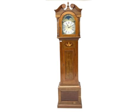 Late 20th century inlaid mahogany longcase clock, swan neck pediment over stepped arch glazed door, the trunk inlaid with fol