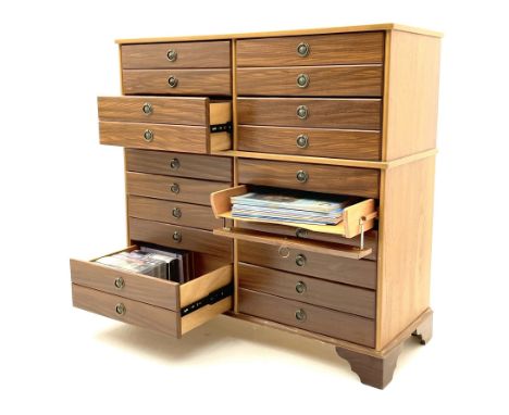 Teak multi-drawer music chest, fitted with eight drawers and four manuscript drawers with fall fronts, with contentsDimension