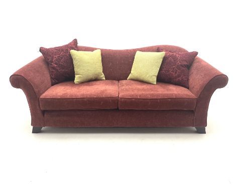 Multi-York - three seat sofa upholstered in red patterned fabric with contrasting feather scatter cushionsDimensions: Height: