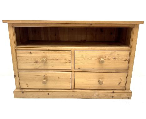 Solid pine dresser single open shelf above four drawers, plinth baseDimensions: Height:&nbsp;76cm&nbsp; Length/Width:&nbsp;12